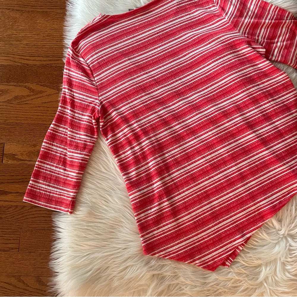 Chico’s Asymmetrical Pullover Stripes Red White Size Large Holiday Candy Cane - Picture 2 of 4